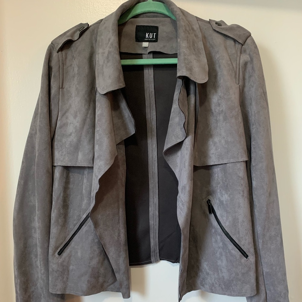 KUT from the kloth grey open suede jacket with zipper detail